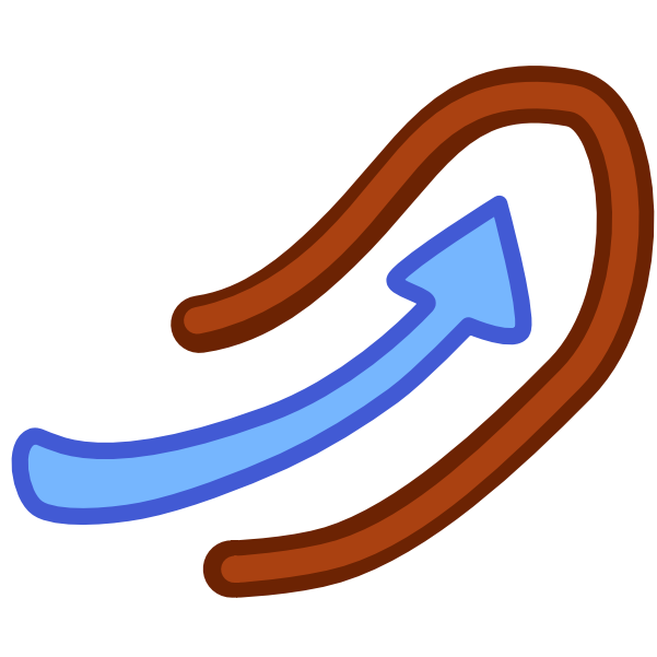 A brown line curves up and down to make an enclosed area, a blue arrow curves into the shape.